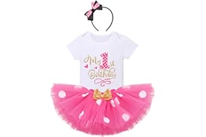 FYMNSI Recién Nacida Bebé Niñas Primer/Segundo Cumpleaños Trajes Conjuntos Princesa Vestido Tutu Manga Corta Mameluco + Lunares Falda + Oído Diadema 3 Piezas