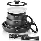 BEZIA Set of 10 Pots and Pans Non-Stick Cookware Set, Detachable Handle, Non-Toxic PFOA Free, Suitable for Induction, Gas, Ce