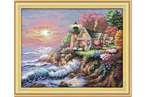 Stitchmelody 14CT Counted Cross Stitch Kits,Unprinted Pattern Embroidery Set,DMC Threads-The Seaside Lighthouse 44cm×36cm