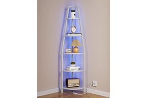 Furnulem 5 Tier Corner Shelf with LED Light, 67.2” Tall Standing Shelf for Wall Corner, Narrow Bookshelf Ladder Shelf for Bedroom, Living Room, Plant, Wood Storage Rack, Metal Frame (White)
