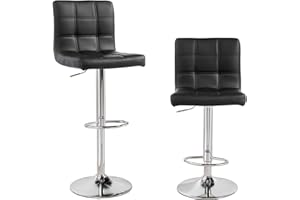 PANANA Height Adjustable Cuban Bar Stool - Synthetic Leather 360° Swivel With Backrest and Footrest for Kitchen, Counter, and Breakfast Bar - Black, Set of 2