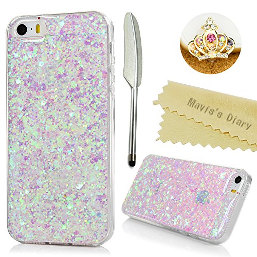 Mavis's Diary iPhone SE Case ,iPhone 5S 5 Case - Glitter Light Pink Bling Flexible TPU Gel Rubber Soft Skin Silicone Clear Cover Ultra [Slim Thin] [Shiny Design] Bumper Protective Case Cover with One Dust Plug & One Stylus for iPhone SE/5S/5- Light Purple