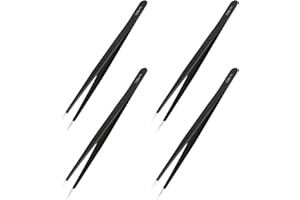 AOJE LINK-ELECTRIC Aoje-Link ESD-11 Professional Anti-Static Precision Technology Tweezers, Non-Magnetic Fine Tip Straight, Stainless Steel Plastic Coated, Full Length 142mm, Black, 4pcs