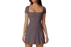 QINSEN Damen-Tenniskleid mit quadratischem Ausschnitt, kurze Ärmel, integrierte Shorts, Golfkleid mit Taschen