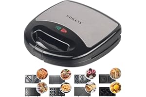 ‎SOKANY SOKANY 8 IN 1 Multifunktionsgerät 800W [ Sandwichmaker, Waffeleisen, Kontaktgrill, Gemusterte Backform, Laib, Donut, Steak-Grill, Eistütenhalter ] 8 Antihaftbeschichtete Platten, leichte Reinigung