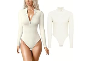 LOTGET Women's Bodysuits Sexy Ribbed One Piece V Neck Long Sleeve T Shirts
