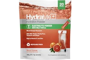 Hydralyte+ Electrolyte Effervescent Powder Sachets - 20 Blood Orange Flavoured Sticks with Milk Thistle, Prickly Pear, Turmeric, Ginger - Rapid Rehydration - Achieve Optimal Hydration