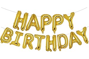 PIGETALE Gold Happy Birthday Balloons Banner, 16 Inch Happy Birthday Mylar Foil Balloon Letters Sign, Self Inflating Alphabet Bunting Reusable for Girls Boys Kids Adults Women Men Party Decorations