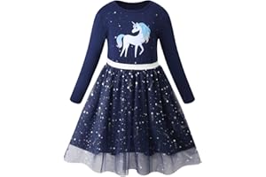VASCHY Vestidos de Niña, Vestido Manga Larga Vestido Unicornio Princesa Mariposa Sirena Vestidos Ropa Tul Fiesta de Verano Vestido Festivo 2-10 años