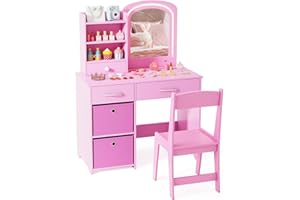 LIFEZEAL Specchiera Trucco Bambina, Specchio con Luci a 2 Colori, Toeletta Trucco Bambina, con Sedia, Postazione, con Cassetti e Scaffali, Tavolo per Bimbi 3 Anni + (rosa)