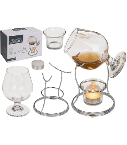Set Scaldabrandy Bar Amigos - Bicchiere Snifter 400 Ml Con Supporto Rame E Lumino Per Cognac