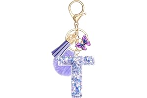 JSRQT Keyrings for Women Cute Purple Initial Letter Keychain Butterfly Sequins Resin Alphabet Letter Keyrings Tassel Poms Pendants Car Door Key Chains Ring Bag Charms for Womens Handbags Gift Decor