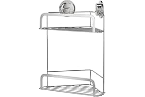 Croydex Stick 'N' Lock Two Tier Corner Shower Caddy - Shower Shelf No Drilling Bathroom Storage Solution with Sticky Pad Easy-Clean 5 Year Rust-Free Guarantee with Chrome Plated Mild Steel