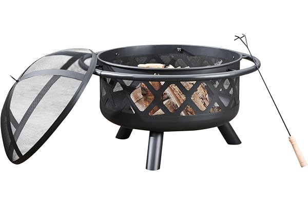Braséro de Jardin à Bois Chauffage extérieur Acier Foyer Rond 75cm avec Couvercle de Protection et tisonnier Noir Teamson Home CU296
