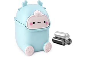 QLFJ-FurDec Mini Desk Bin with Lid, Cute Small Desktop Bins and 3 Rolls Bin Liners, Cartoon Tea Bag Bin 15.5 * 14 * 23.5cm, Waste Paper Dustbin for Vanity Tabletop, Office, Teenagers Bedroom (Blue)