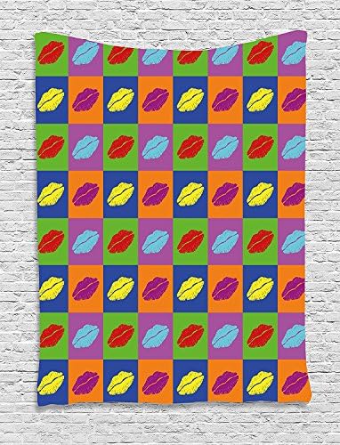 Kiss Tapestry, Pop Art Style Lipstick Kisses on Vibrant Colored Squares 60's Style Seductive Romantic, Wall Hanging for Bedroom Living Room Dorm, 60 W X 80 L Inches, Multicolor