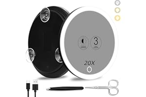 SUUPVAOR 20 espejos de aumento iluminados con ventosas, espejo grande de 6 pulgadas con luz de alto aumento, espejo de maquillaje de viaje, batería recargable, luz de atenuación de 3 colores, con pinzas y