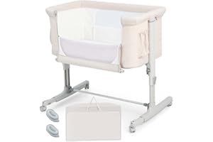 DREAMADE 3 en 1 Lit Cododo Bébé avec Matelas Lit Berceau Nouveau-né Pliant à Hauteur Réglable,Inclinaison 10°,Roues Universelles avec Frein Charge 9 KG 0-6 Mois (Beige)