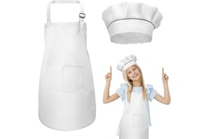 kissral Kids Apron + Chef Hat Set, Children Adjustable Kitchen Chef Apron with Pockets for Cooking Baking Painting 4-12 Years Old