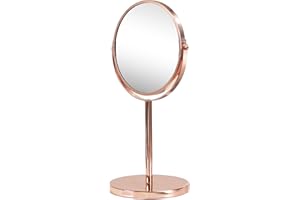 Nadi Collection | Espejo Aumento Maquillaje baño | Metal | Sobremesa | Redondo | Dos Caras Aumento 5X y 1X | para Maquillaje, Afeitado o depilar Cejas | Sin luz | 34.5 x 18.5cm (Cobre/Rosa Brillo)