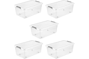 keeeper leo 5x Aufbewahrungsbox mit Deckel und Rollen, 37 L, 59 x 38 x 24 cm, Clipbox, Transparent