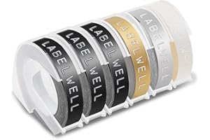 6x Labelwell 9mm x 3m Reemplazo de Etiqueta Compatible para Dymo 3D Cinta de Estampación Autoadhesiva para Dymo Organizer Xpress/Junior/Omega Motex E101, Blanco sobre Negro/Oro/Plata/Transparente