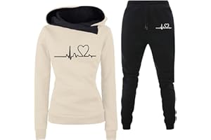 TinaDeer Damen Trainingsanzug Set 2-Teilig Heartbeat Print Hoodie Jogginghose Sweatshirt Hose Zweiteiler Jogginganzüge Damen Kapuzenpullover Sporthose Set