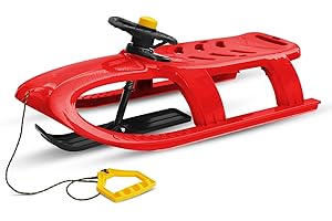 Prime Garden® Motoslitta - Slitta per bambini, in plastica, per bambini, con corda di trazione, in metallo, sterzo (rosso)