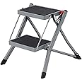 SONGMICS GSL002GY01 2 Step Ladder Folding Step Stool 20 cm Width Non-Slip Rubber with Handle 150 kg Load Steel Grey and Black