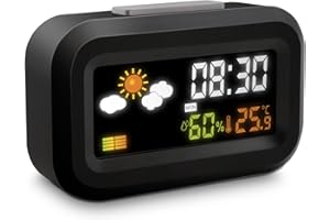 Metronic 477340 - Despertador Digital de Viaje a Pilas, Pantalla LCD retroiluminada en Color, Reloj 12/24 Horas, Snooze, Calendario, méteo, Temperatura, Humedad