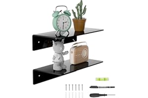 Sezanrpt 12 Inches Small Black Wall Shelves Set of 2, Acrylic Floating Shelf for Wall, Wall Mounted Display Shelf for Bedroom, Living Room, Funko Pop Shelves, Smart Speaker, 2 Pack