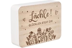 Spruchreif | Deko-Tafel Lächle! Glücklich Steht dir. | MDF-Holzschild für Zuhause | Kleine Tisch-Deko mit positiver Botschaft | 10 x 7,5 x 2,5 cm | Spruch-Schild zum Aufstellen