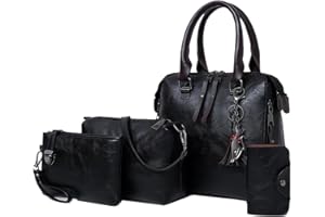 Haipky Women Handbag, Vintage Tassel Top Handle Tote Shoulder Crossbody Messenger Bags 4 PCS Set Wallet Purse Set for Women Ladies