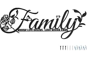 Signe de décoration murale en métal pour la famille, Art mural en métal noir, Famille Où la Vie Commence l'amour Ne Se Termine Jamais Décor pour Maison Salon Jardin Décoration Murale, 40x16cm