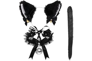 Meleager Gatto Cosplay Set Cerchietto Orecchie Gatto Collana con Campana Carino Coda di Gatto Cosplay Abbigliamento Nero Ottimo per Feste di Halloween