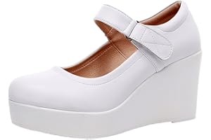 Jamron Femme Plateforme Haute Talon Compensé Mary Jane Chaussures Crochet et Boucle Escarpins Cuir