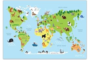 Faithful Prints Children's Animal Map of the World Poster Geography Print Wall Art for Kids Room (Blue) (A2 (420 x 594mm))