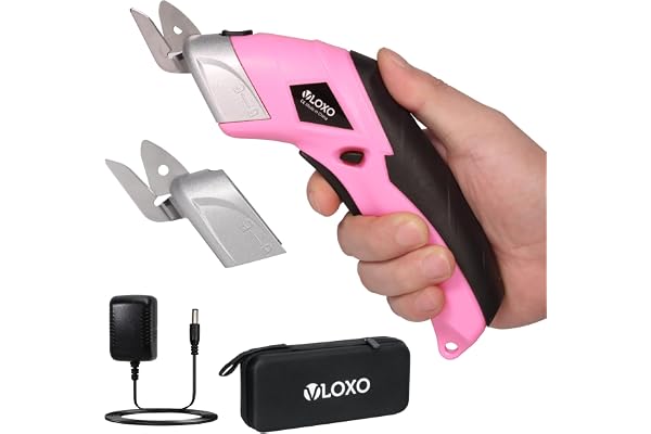 VLOXO Ciseaux Électriques Sans Fil, Ciseaux Electrique Tissu Couture avec 2 Lames, Electric Scissors pour Coupe Tissu, Carton, Cuir, Tapis, Papier, Artisanat et Bricolage – Rose