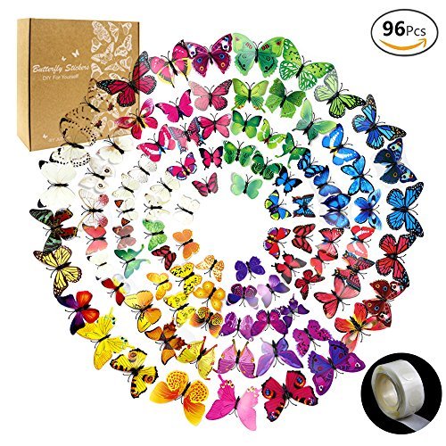 JUSLIN 96 Stück 3D Schmetterlinge Wanddeko Aufkleber Abziehbilder, schlagfestem Kunststoff Schmetterling Dekorationen, Wand-Dekor, 8 Farben, mit 1 Blatt Dot Aufkleber