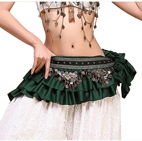 Women Waist Chain Handmade Egypt Belly Dance Retro Satin Copper Coin Hip Scarf Tribal Scarves Wrap Tribal Skirt Belt Green One Size