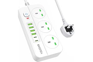 YOUDIAN Extension Lead with USB Slots,3 Way Sockets Outlets with 2 USB-C Ports and 4 USB-A Ports,2M Extension Cable with Switch Surge Protected Power Strips,UK Multi Plug Desktop Power Extension Socket
