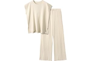 PASUDA Kombinezon Damski Letni Elegancki 2-częściowy Strój Z Dzianiny Na Co Dzień Rękawy Bez Kołnierza Pulower Elastyczny Pas Spodnie Z Szerokimi Nogawkami Zestaw Do Domu