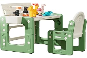 ‎BANASUPER BanaSuper 2-seitiger Zeichentisch und Stuhl für Kinder mit Bausteinen Aktivitätstisch für Kleinkinder Höhenverstellbar Multifunktionales Kindermöbelset für Vorschulkinder (Grün)
