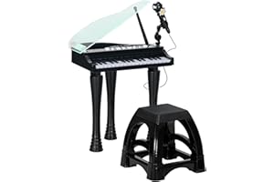 AIYAPLAY Elektroniczny pianino dla dzieci, klawiatura fortepianowa, 32 klawisze wielofunkcyjne, z mikrofonem i stołkiem, podświetlaną pokrywą LED, instrument muzyczny dla dzieci, czarny