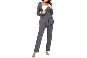 Litherday Ensemble de Pyjama Coton Femme Maternité à Manche Longue Vêtement de Nuit Hiver Chaud Couleur Unie Pyjama d'allaitement-3