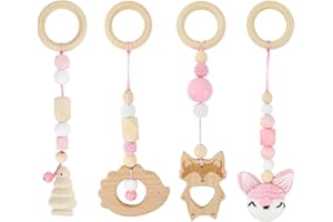 BINYI Arche Portique Deveil Eveil Bebe Bois 4 Pièces Arche de Jeux Bébé Jouet a Suspendre Bebe Arches de Jeu pour Jouet Poussette Nouveau Né en Bois pour Siège de Bébé Landau (Rose)