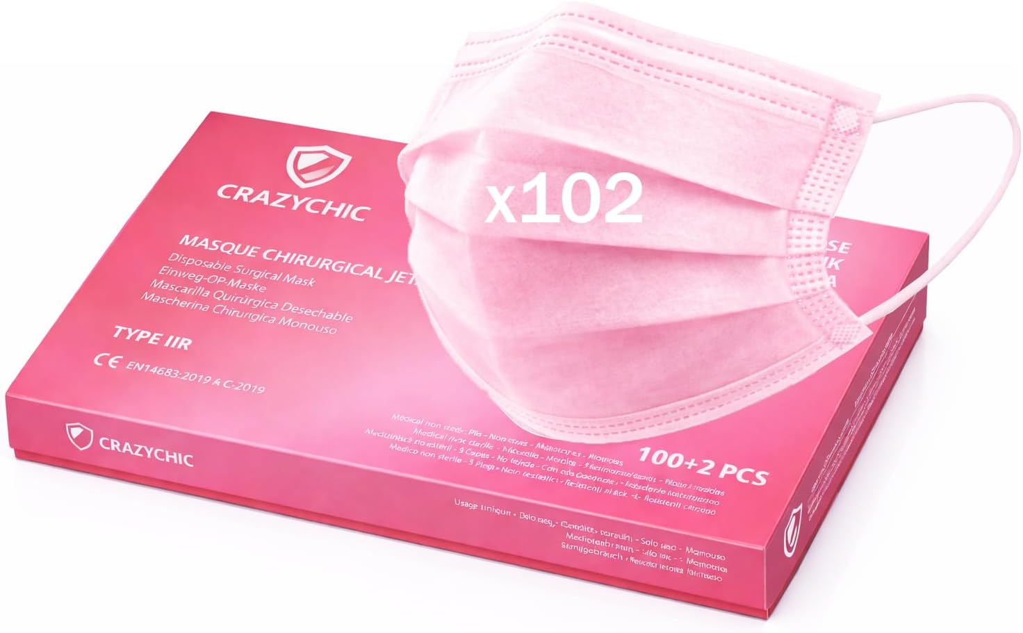 CRAZYCHIC - x102 Masque Chirurgical Médical ROSE Type IIR - Certifié CE Norme EN14683 - Masque Jetable 3 Plis Protection Respiratoire - Haute Filtration EFB>99% - Lot de 102 pièces