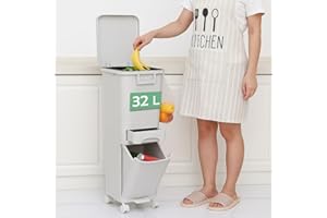 BAKAJI Pattumiera Alta e stretta da Cucina 32 Litri con Cestino Rimovibile per Spazzatura e Raccolta Differenziata, Design Salvaspazio, 1 Bidone a Ribalta + 1 Cassetto, 26 x 36 x 84H cm (32 Litri)