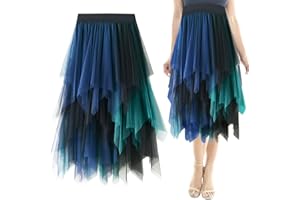 EPOKUS Falda de Tul Para Mujer, Faldas Asimétricas, Falda Plisada de Malla Irregular, Falda Midi de Cintura Alta en Línea A, Falda Negra, Azul Y Verde, Falda de Tul, Falda Plisada, Fiesta de Carnaval