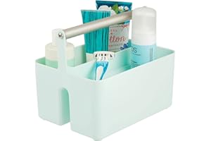 mDesign Organizador de almacenamiento para debajo del fregadero, plástico y metal, para champú y jabones, organizador portátil para cosméticos, color menta/satén